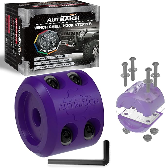 AUTMATCH Winch Cable Hook Stopper (1 Pack), Silicone Rubber Winch Stopper for Wire & Synthetic Rope, Winch Line ATV UTV, Shock Absorbent, Prevent Pulling Bounce and Abrasion, Purple