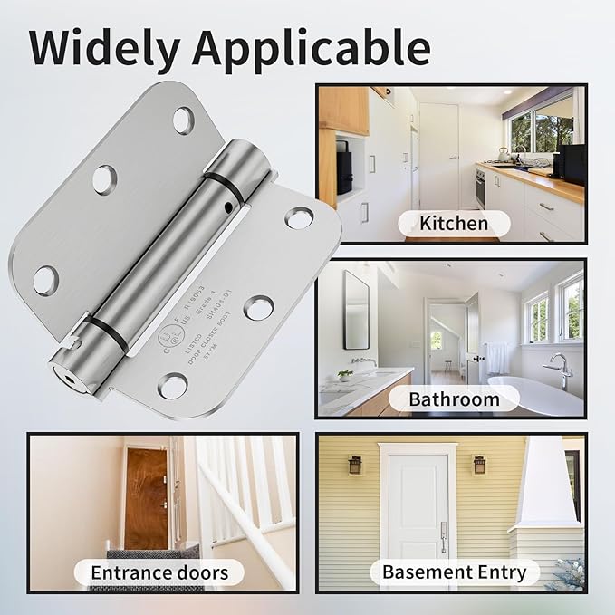 3 Pack Self Closing Door Hinges, 3.5 Inch Auto Closing Door Hinge with 5/8'' Radius Corners, Adjustable Tension for Garage, Front, Back Door, UL Listed, Left and Right Hand, Brushed Nickel