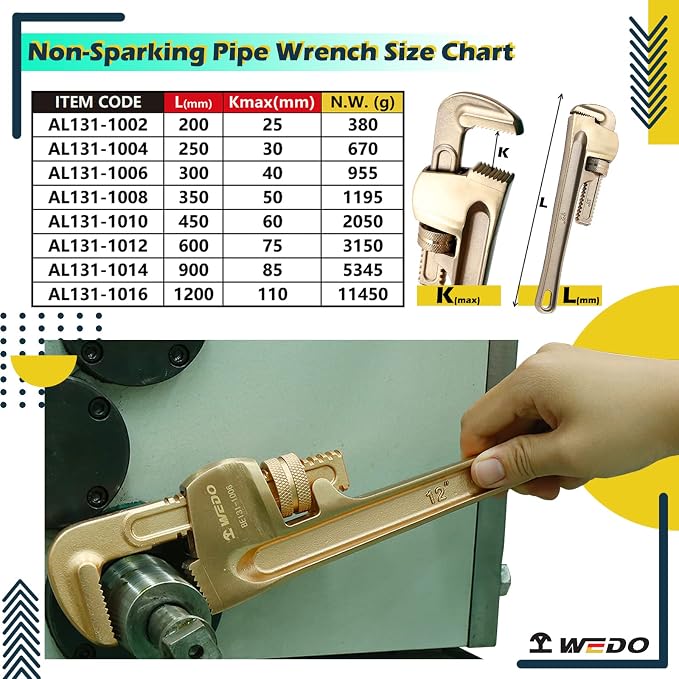 WEDO Pipe Wrench 30 * 250mm,Non-Sparking Pipe Wrench,Spark-Free Straight Plumbing Wrench,Aluminum Bronze