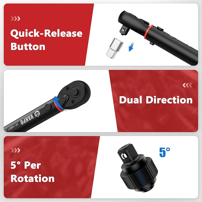 VANPO Torque Wrench 3/8-Inch Drive, 10-100 ft-lb, for Motorcycle | ±3% Precision, Calibration, Click Style, TPR+ABS Handle, Dual Direction, Dual Direction, for Spark plugs, Brake & Lug nuts