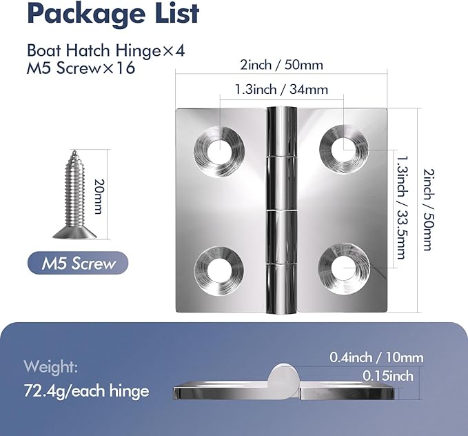Boat Hinges,Heavy Duty Marine Grade 316 Stainless Steel 4 Pcs 2" x 2" Flush Mount Square Boat Hatch Cabinet Door Butt Hinge with Screws