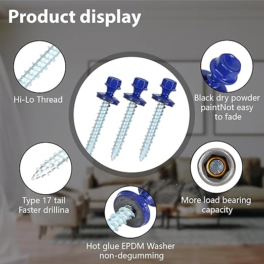 Metal Roofing Screws 10 x 1-1/2 inch, Blue Hex Head Sheet Metal Roof Screw with EPDM Washer for Corrugated Roofing (250Pcs)