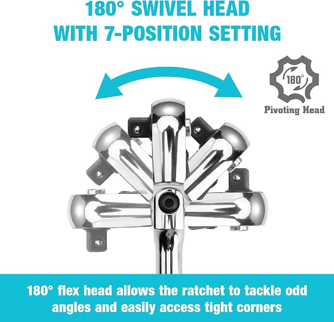 DURATECH 1/2-Inch Flex-Head Ratchet, 90-Tooth Quick-Release Ratchet Wrench | Socket Wrench with 180° Pivoting Head and 7-Position Setting, Reversible, CR-V Made, CR-MO Head, 4° Swing, Full Polished