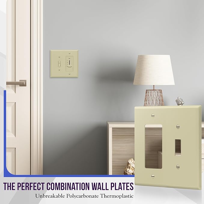 ENERLITES Combination Toggle Switch/Decorator Switch Wall Plate, Mid-Size 2-Gang 4.88 x 4.92", Polycarbonate Thermoplastic, 881131M-I, Ivory