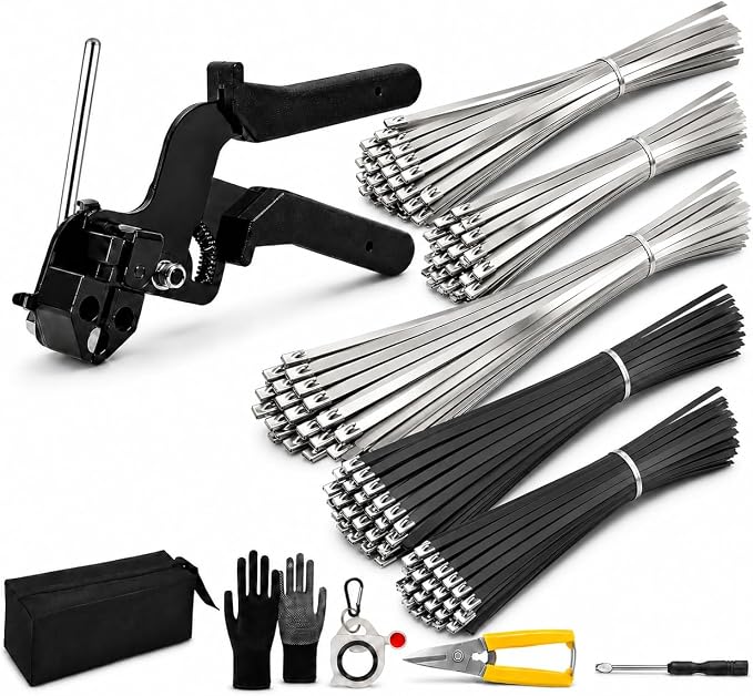 450Pcs Metal Zip Ties Gun Kit, Silver 8/12/16in & Black 8/12in Stainless Steel Zip Ties, Heavy Duty Cable Tie Fastening Cutting Tool Set with Organizer, Gloves, Storage Bag for Fence, Exhaust Wrap