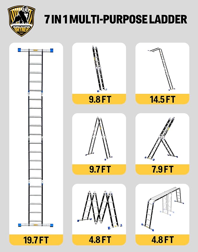 Bryner Step Folding Ladder 19.6ft Multi-Purpose Aluminium Extension Ladders, 7 in 1 Folding Adjustable Telescoping Step Ladder 330lbs