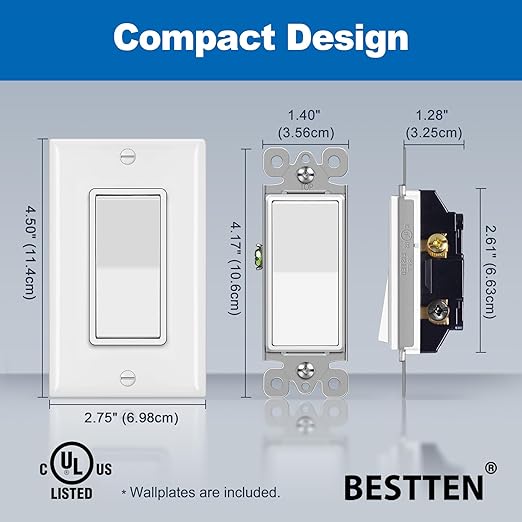 BESTTEN 30 Pack 3-Way Decorator Wall Light Switch with Wallplate, 15A 120V/277V, Single Pole or Three Way, On/Off Rocker Paddle Wall Switch, 3 Wire, Residential and Commercial Grade, UL Listed, White