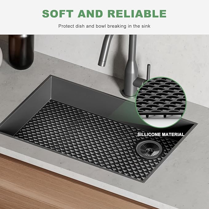 Sink Protectors for Kitchen Sinks - Large 28.4“ x 15” with Right Side Top Hole Heat Resistant Easy to Clean Non-Slip Kitchen Sink Mat for Kitchens Sinks Stainless Steel Bottom (Black) - 72x38CM