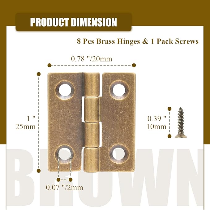 8pcs 1 Inch Brass Hinges, Mini Butt Hinges Cabinet Door Hinge, Box Hinge for Jewelry, Wooden Box, Small Cupboard Furniture (Bronze)