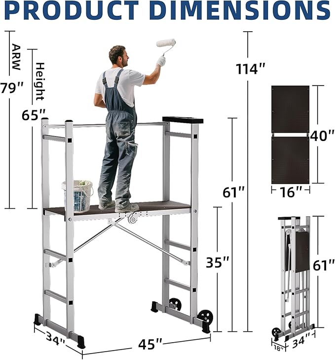 APARECIUM 5' Foldable Aluminum Scaffolding, Portable Scaffolding Ladder, Rolling Scaffolding Work Platform, Scaffold Tower, Ladder Stool Work Bench, Adjustable Work Platform, 330 Lbs Duty Rate