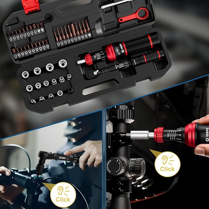 VANPO 49-Pc Torque Screwdriver & Wrench Set, 10-70In-lb & 1-12Nm Dual Range | with S2 Steel Bits & Sockets, for MTB Carbon Bikes, Firearm Optics, Scope Mounting & Professional DIY Repairs