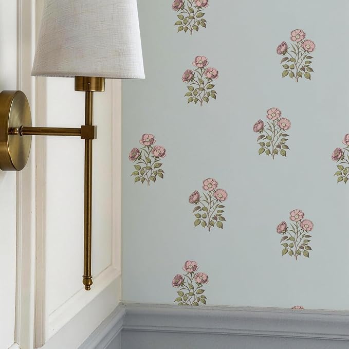 17.3" x 393.7" Vintage Blue Floral Wallpaper Peel and Stick Boho Wallpaper Removable Waterproof Rose Pattern Contact Paper for Bedroom, Bathroom, Home Wall
