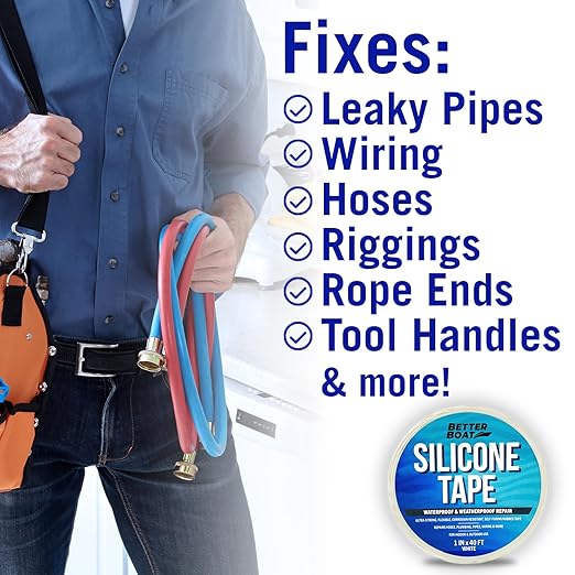 Better Boat Self Fusing Silicone Tape Waterproof White, Plumbing Tape for Leaks, Hose and Pipe Repair Tape, 1 in x 40 ft