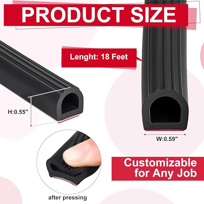 Pangda 18Ft D Shape Rubber Weather Stripping Foam Self-Adhesive EPDM Seal Strip for Noise Reduction Waterproof Dustproof for Cars Boats RVs Windows Doors (0.59" W x 0.55" H)