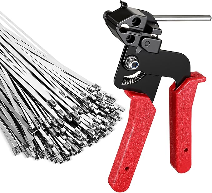 LEIFIDE 500 Pcs Metal Zip Ties Gun Kit, 11.8 Inch 304 Stainless Steel Metal Zip Cable Ties, Heavy Duty Self Locking 220 Pound Tensile Strength Cable for Exhaust Wrapping Fence Outdoor Workshop(Red)