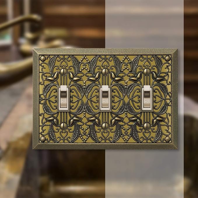 Amerelle Filigree Triple Toggle Cast Metal Wallplate in Antique Brass