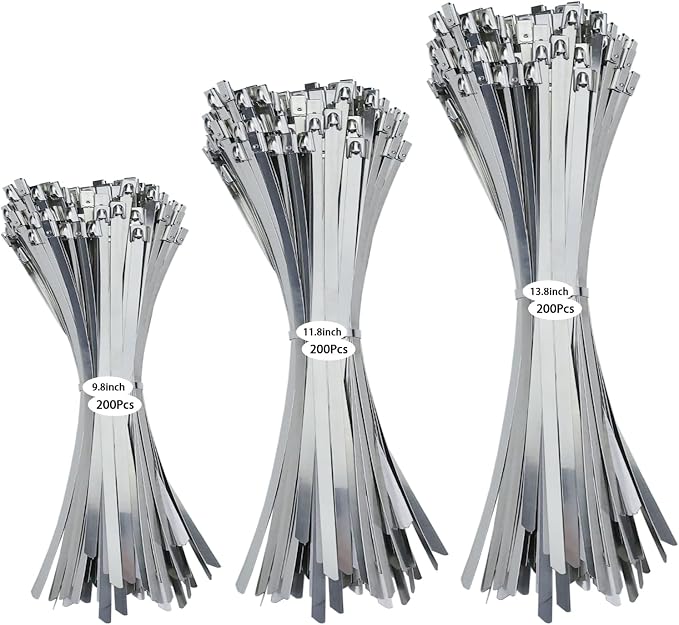 600Pcs Metal Zip Ties Assorted Size 9.8+11.8+13.8 Inch 304 Stainless Steel Zip Ties Self Locking Heavy Duty 220 Pound Tensile Strength Adjustable Cable Ties for Indoor Outdoor Fence Canopy Workshop