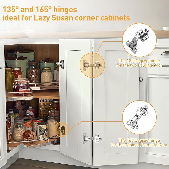 TamBee 1/2 Inch Overlay 175 Degree Cabinet Door Hinges 48mm Frameless Soft Close Lazy Susan Hinges for Corner Kitchen Adjustable,2 Pcs/1 Pair (Half Overlay)