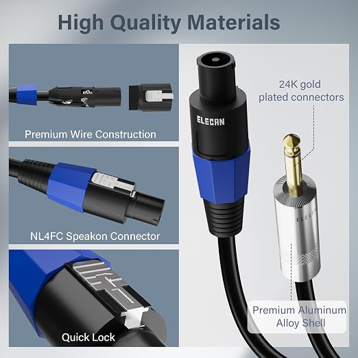 Elecan Premium Speakon to 6.35MM 1/4 Inch TS Male Speaker Cable 50 Ft/2 Pack, 12AWG Heavy-Duty High Power Amp Audio Connection Cord DJ/PA Amplifier Cable Wire with Twist Lock, 9.5mm OD, Black +Ties