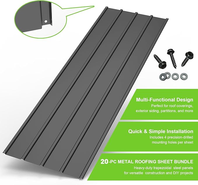 20PCS Metal Roofing Panels, Corrugated Galvanized Roof Panels, Waterproof Metal Siding Panels with 120 Pcs Steel Screws for Pergola, Gazebo, Shed, Garages, Stables and Mobile Homes (Grey)