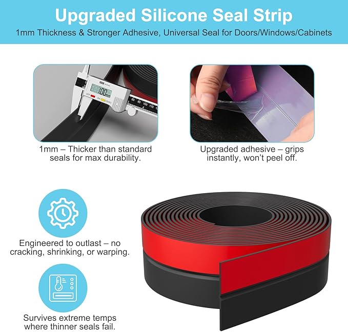 Elvone Heavy-Duty 20 ft x 2 in Weather Stripping, Door Draft Stopper Silicone Seal Strip for House and Glass Shower Doors for Collision and Side Gaps of Door and Windows, Black