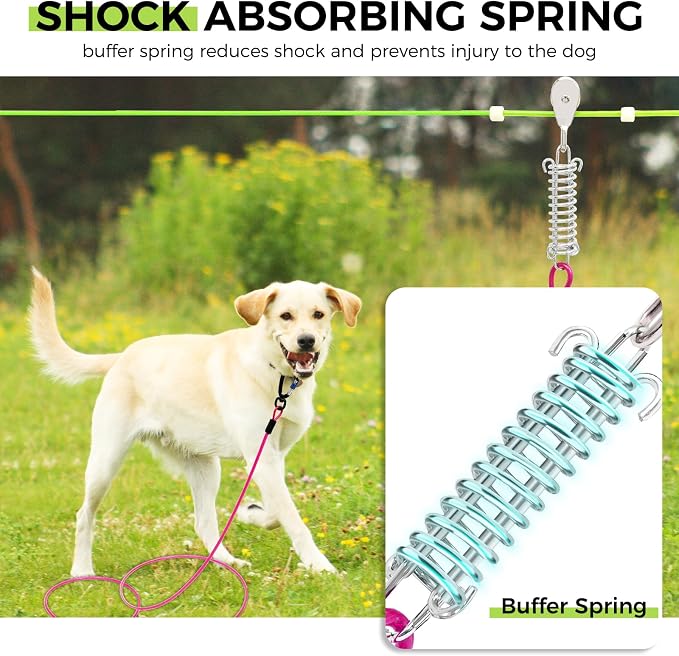 Snagle Paw Heavy Duty Dog Runner for Yard,150ft Dog Run Cable with 10ft & 10ft Pulley for Large Dogs Up to 250lbs, Aerial Zip Line for Backyard, Trolley System for Camping, Park, Outside
