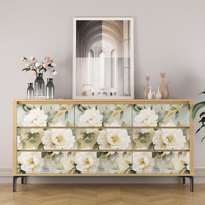 White Floral Wallpaper Peel and Stick,Beige/Green Peony Contact Paper,Oil Painting Watercolor Large Flower Wall Paper Self Adhesive Waterproof Removable for Bedroom Shelf Cabinet Drawer 17.5" x 118"
