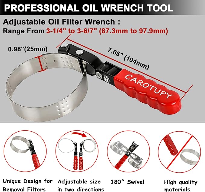 Standard Swivel Oil Filter Wrench, Oil Filter Removal Tool | Universal Filter Wrench 3-1/4" - 3-6/7", Stainless Steel, Double Layer Riveted Structure, Swivel 180°, Non-slip Handle
