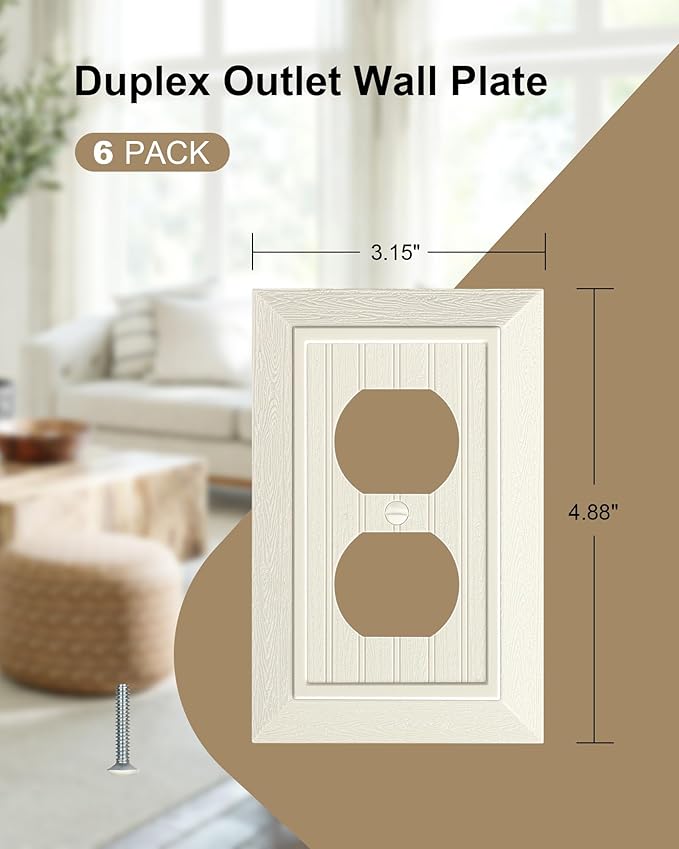 6-Pack Classic Beadboard Duplex Outlet Cover Plate, Decorative Unbreakable Polycarbonate Switch Plates and Outlet Covers, Light Almond Wall Plates for Electrical Outlets, 1 Gang Receptacle Cover