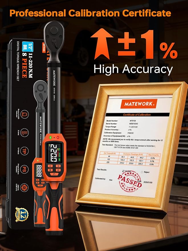 Matework Digital Torque Wrench 1/2" Drive | 8.5-160 ft.lb | ±1% High Accuracy | Buzzer and LED Alert | 3-Mode & 5-Unit Switch, 8PCS Digital Torque Wrench Set for Motorcycle, Car Maintenance
