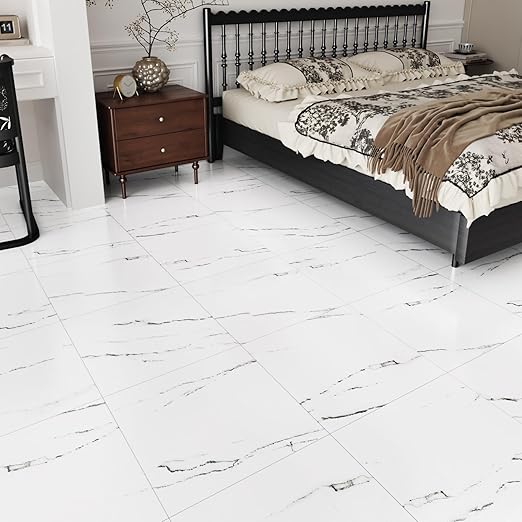 WESTICK 20 Tiles White Marble Floor Tile Bathroom Vinyl Tiles Peel and Stick Floor Waterproof Marble Vinyl Flooring Tile Removable Sticky Tile for Kitchen Bedroom Living Room Grey White 12" x 12"
