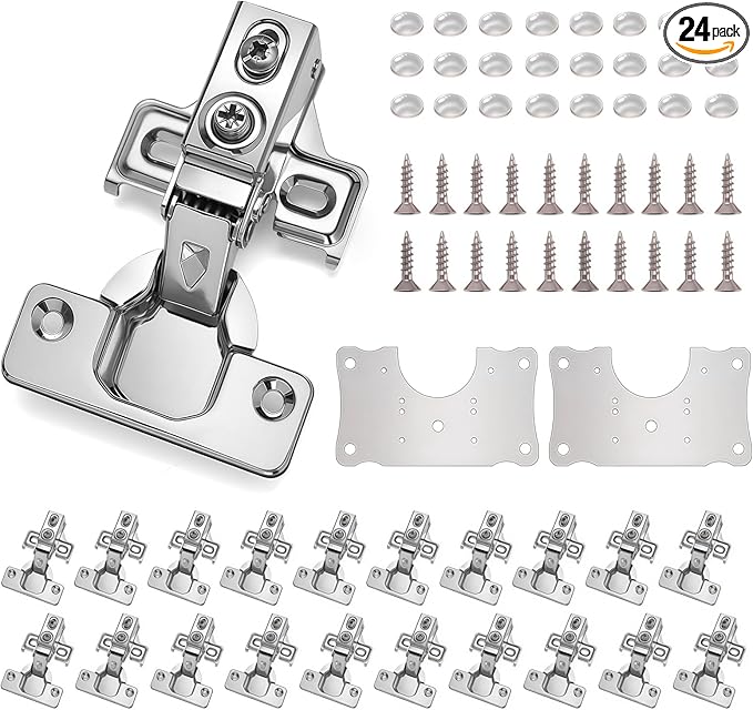 Cabinet Hinges - 24 Pack for 1/2 inch Overlay Cabinet, Face Frame Concealed 105Deg Self Closing Hinges, Stainless Soft Close Cabinet Door Hinges with Mounting Screws and Repair Plate