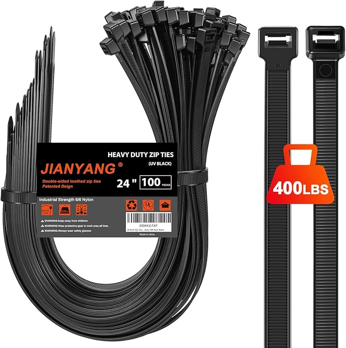 Long Zip Ties Heavy Duty 24 inch，400 LBS Tensile Strength With Double Sided Toothed Super Durable Cable Ties ，Extra Large Wire Ties Adjustable Nylon Tie Wraps for Indoor Outdoor （100 Pack Black）