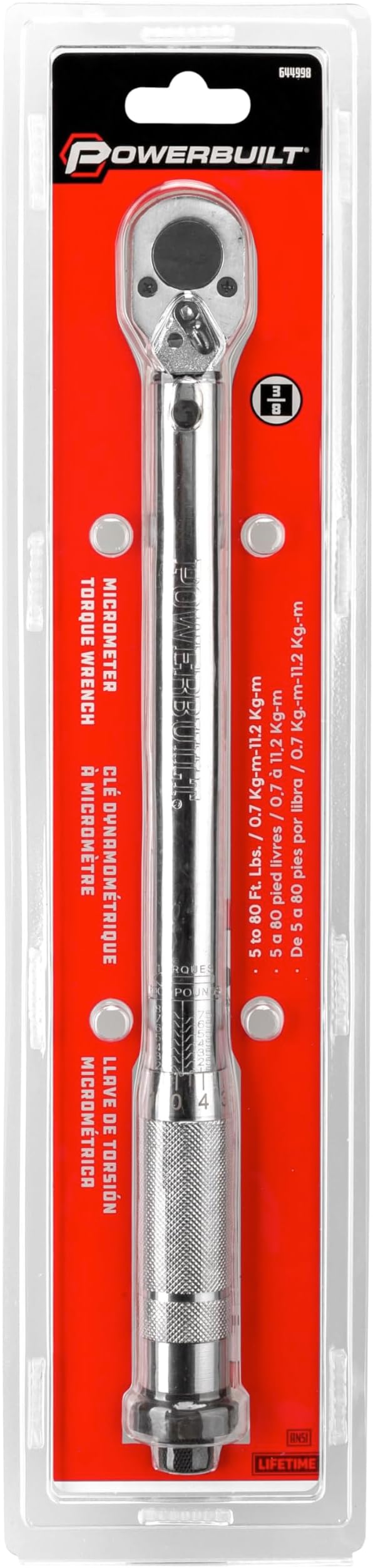 Powerbuilt 3/8-Inch Micrometer Torque Wrench, 5-80 Foot/Pounds and 0.7-11.2 Meter/Kilograms, Reversible Ratchet Clicks, Lockable - 644998