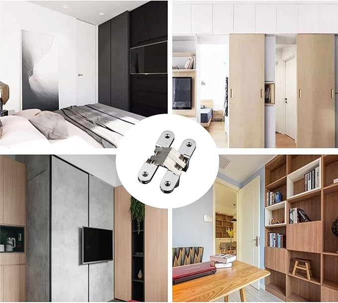 2 Pack 2.36 in Hidden Hinge Invisible Concealed Cross Hinges 180 Degree Folding Door Cross Zinc Alloy Hidden Hinges Swing Invisible Hinge for Cabinet, Cupboard,Wooden Box,with Screws-S5