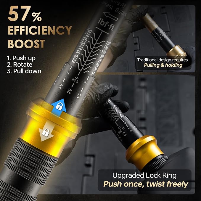 1/2-Inch Drive Torque Wrench with Upgraded Lock Ring, ±3% High Precision Click, 10-160 FT.LB (10-227 Nm), 2-Way 72-Tooth for Easier Adjustments, Ideal for Moto, Lug Nuts, Tires, Wheels, and Car Repair