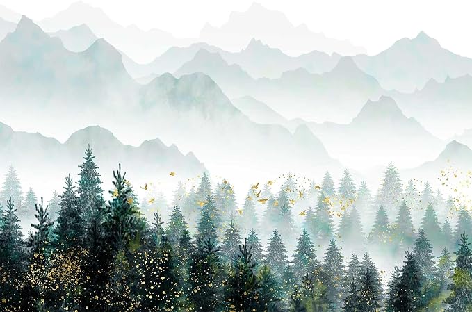 Toolhom Hazy Forest Wallpaper with Gold flecks, Misty Mountain Peaks Mural | 170"x108" non-self-adhesive nature landscape wall mural