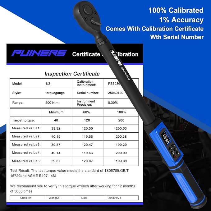 1/2" Digital Torque Wrench 2.2-147.5 Ft.lb/ 3-200 Nm， Digital Electronic Torque Wrench ±1% Accuracy, 5 Units LCD Screen with Buzzer & LED Alarm for Cars,Motorcycles,Bicycle