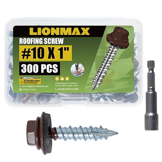 LIONMAX Metal Roofing Screws #10 x 1 Inch, 300-PCS, Brown Painted Hex Head Sheet Metal Roof Screws, Rubber Washer, Sharp Point, Metal to Wood Siding Screws, Hex Socket Included