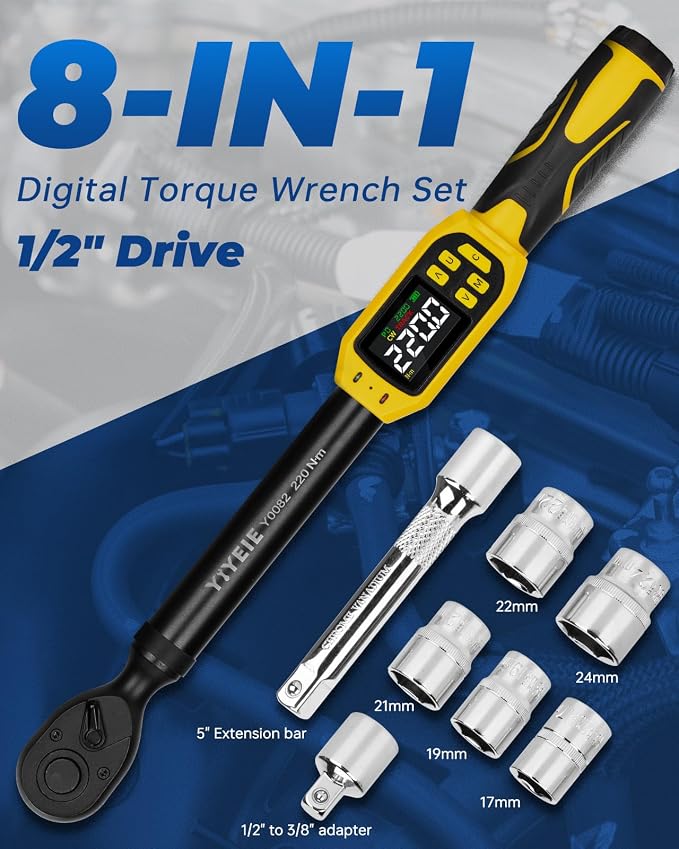 Digital Torque Wrench 1/2" Drive, 8.5-160 Ft-lb/10-220 N.m (±1% Accuracy) | Color LCD, Buzzer and LED Alert, 1/2 Torque Wrench Electronic 8Pcs with Extension Bar, 5 Sockets for Motorcycle, Car Repair