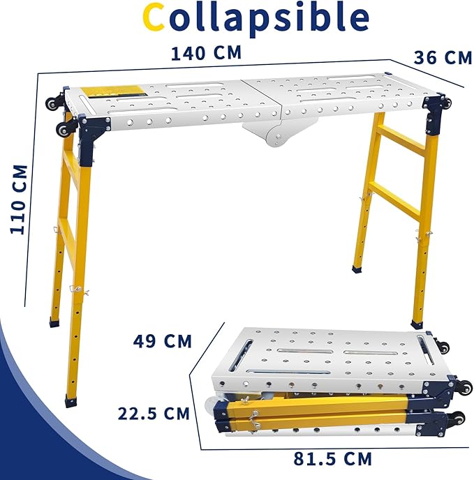 VKE Galvanized Steel Large Work Platform Support 1000 lbs 55"x14", Height 27 to 43 inches Adjustable Folding Portable Platform, Corrosion Resistance Platform Ladders with Rollers Easy to Move Store