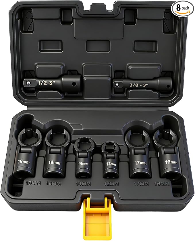 8-Piece Flex Head Crows Foot Wrench Set, Metric 12 14 16 17 18 19 mm with Extension Bar, 3/8" & 1/2" Drive Crowsfoot Line Wrenches Set, Access Fasteners in Tight Spaces