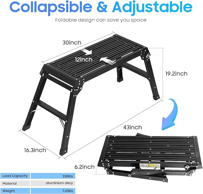 LEADALLWAY Aluminum Work Platform Step Ladder 30"x12"x20" Heavy Duty Foldable 330 Lbs Capacity, Black