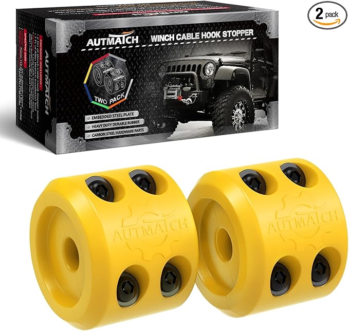 AUTMATCH Winch Cable Hook Stopper (2 Pack), Silicone Rubber Winch Stopper for Wire & Synthetic Rope, Winch Line ATV UTV, Shock Absorbent, Prevent Pulling Bounce and Abrasion, Yellow