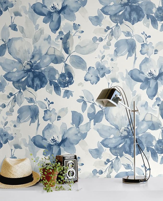 NextWall Watercolor Flower Peel and Stick Wallpaper (Bluestone)
