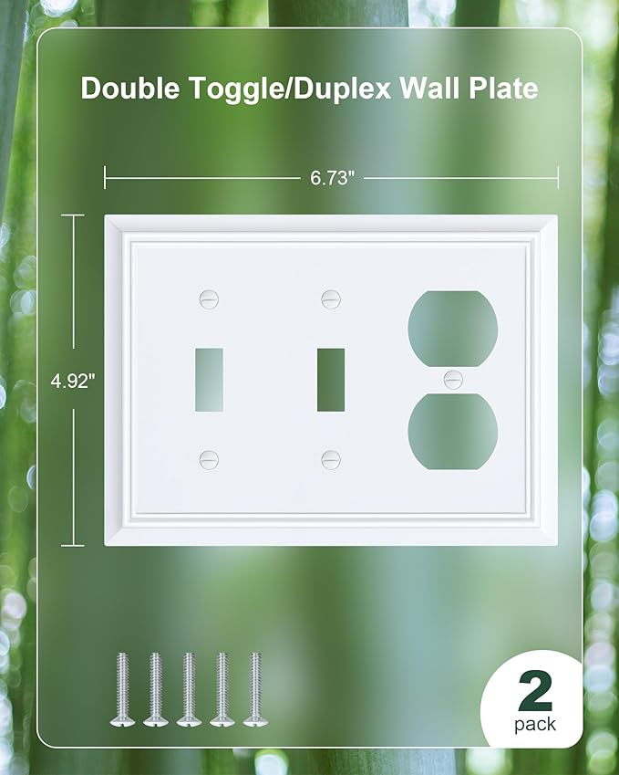 2-Pack Combo Double Toggle/Duplex Outlet Covers, Pure White Switch Plates and Outlet Covers, Natural Bamboo Fiber Wall Plates for Electrical Outlets, 3 Gang Receptacle Cover, Corrosion Resistant