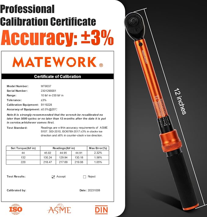 Matework 50PCS Inch Pound Torque Wrench Set, 1/4" Drive Bike Torque Wrench | 10-230 in.lb (1.1-26.0 nm), 72-Tooth Dual Direction Click Torque Wrench with Bit Sockets for Bicycle, MTB, E-Bike Maintenance