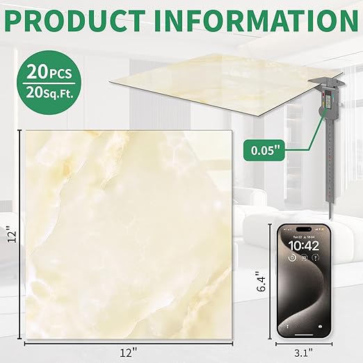 20-Pack Peel and Stick Floor Tiles Vinyl Floor 12 x 12 inch Self Adhesive Waterproof Flooring Planks DIY for Bathroom, Kitchen, Living Room, RV, Cover 20 Sq. Ft, Polish Ivory Beige Marble