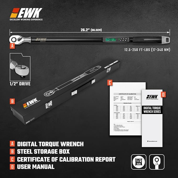 1/2" Drive Digital Angle Torque Wrench 12.5-250 ft-lbs (17-340 Nm) | ISO 6789, ±1.5% clockwise / ±2.5% counterclockwise/ ±2% Angle, LCD Display, LED Buzzer Vibration Alert, 30 Memory Values