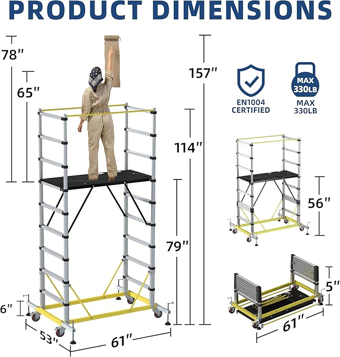 APARECIUM 10' Aluminum Scaffold Tower, Multipurpose Rolling Scaffolding Work Platform, Utility Scaffolding Tower, Adjustable Work Platform with Hatch Deck and Guard Rail, 500 Lbs Duty Rate
